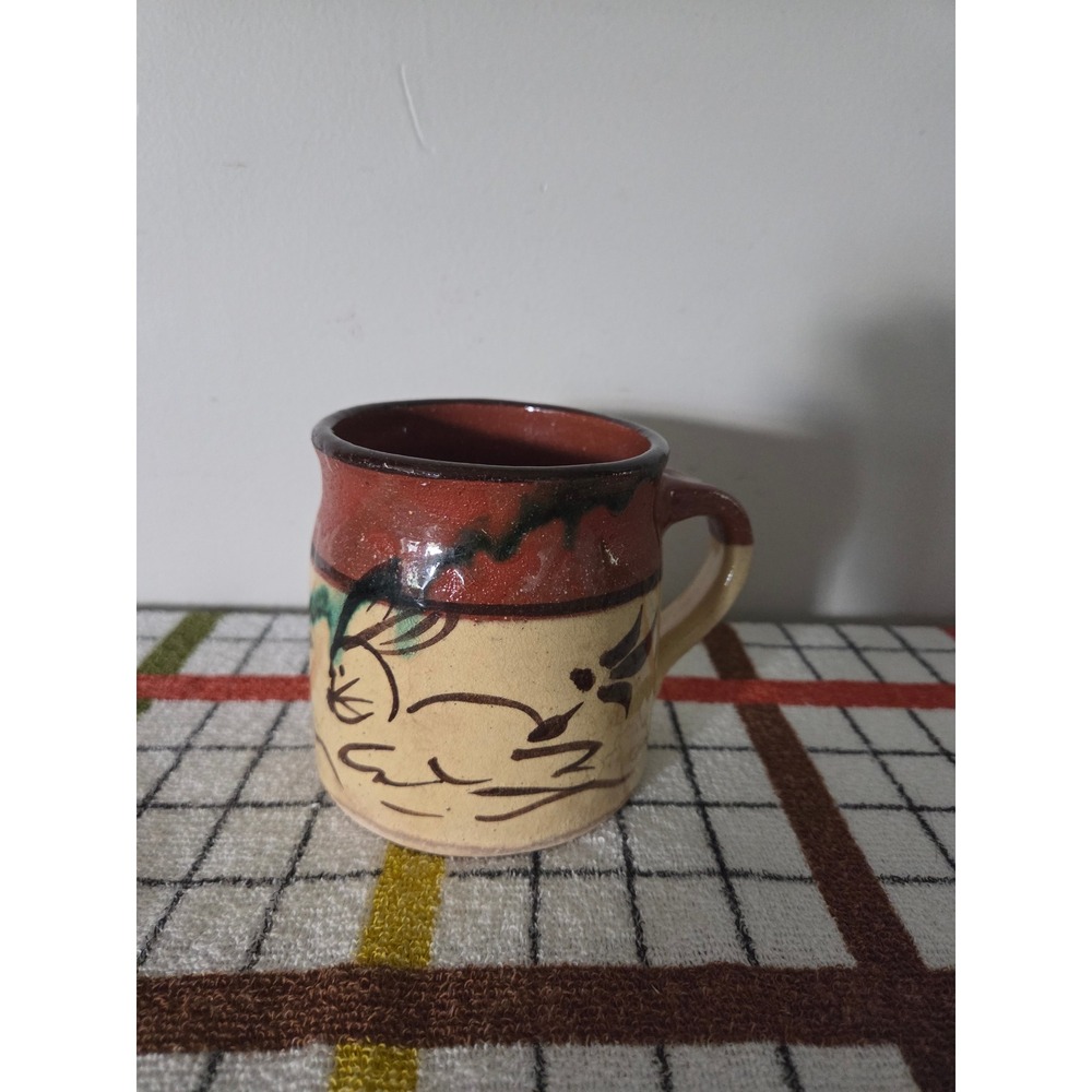 Vintage Mexican Folk Art Pottery Mug Hand Painted Rabbit Terracotta Stoneware